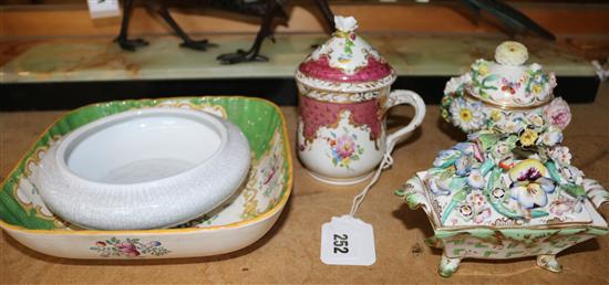 Meissen chocolate cup, 2 floral pots and a dish